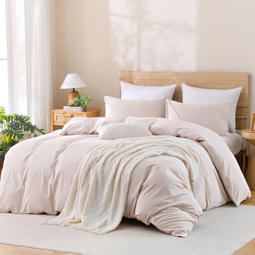 Image of TOCOMOA Brown Striped Duvet Cover Bedding Set 100% Washed Cotton Like Linen Feel Super Soft Comfy 3 Piece Tan Pinstriped Fall Comforter Cover Set (King 104 inchx90 inch, Comforter Not Included)