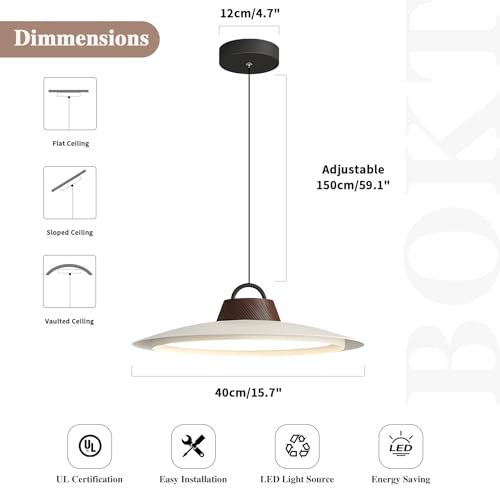 Image of BOKT Led Industrial Pendant Light White Pendant Lights Kitchen Island Modern Hanging Lamps Light Fixture with 15.7 inch White Lampshade for Dining Room Bedroom Bathroom