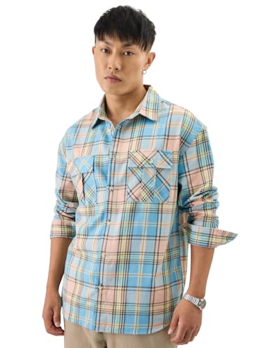 Image of The Souled Store Plaid: Blue, Yellow Men and Boys Long Sleeve Collared Neck Button Front Regular Fit Cotton Utility Shirts