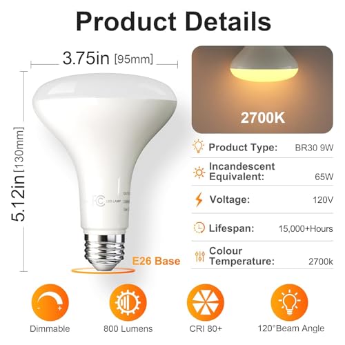 TJOY 12 Pack BR30 Flood Light Bulb Indoor, 65W Equivalent Dimmable Led Recessed Lights Bulb, 2700K Soft Warm White, E26  - Additional View