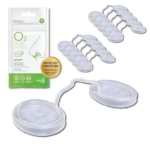 O2 Nose Filters with 3M Filtration - Nasal Screens for Allergies Dust & Smoke - Drug-Free & Latex-Free Nose Filters - Invisible Allergy Protection (Medium x 10)