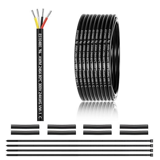 24 Gauge 4 Conductor Electrical Wire 25FT, UL 2464 24 AWG 4 Wire Cable Tinned Copper PVC Stranded 24/4 Core for LED Lighting, Outdoor Low Voltage