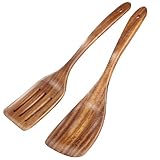2 Pack Wooden Spatula, Acacia Wood Long Handle Flat Frying Turner, Handmade wooden spoons for cooking, Kitchen Utensil set, Non-Stick Cooking Spurtle Utensils for kitchen use