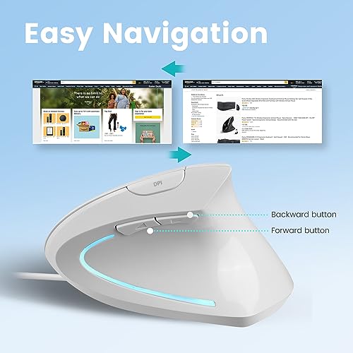 Image of Perixx PERIMICE-513W Wired Vertical Ergonomic Mouse - Natural Handshake Design, 6-Button USB-A, Adjustable 1000 /1600 DPI Optical Sensor, 1.8 m Cable, Right-Handed, White