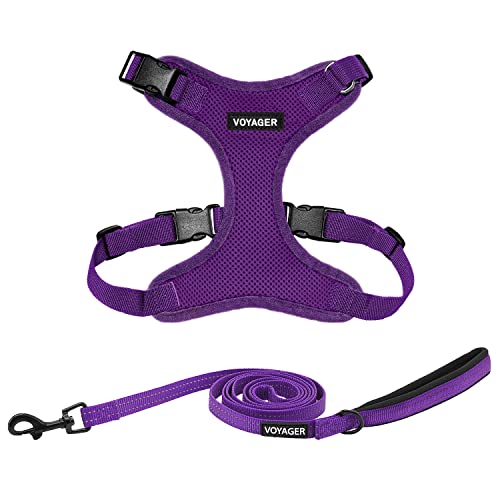 Image of Best Pet Supplies Voyager Step-in Lock Pet Harness w Reflective Pet Leash Combo Set with Neoprene Handle 5ft - Supports Small, Medium and Large Breed Puppies /Cats - Purple Set, L