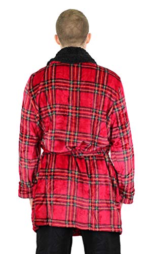 Amari Men's Plush Velvet Bath Robe With Berber Collar Loungewear (Red Tartan, One Size Fits Most) #TOP1