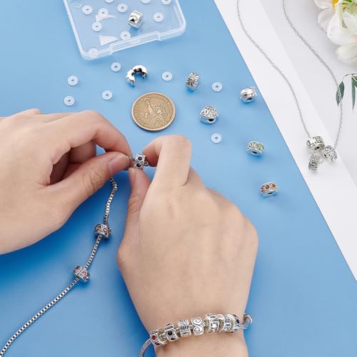 PH PandaHall 20 Pcs Clip Lock Bead Charms Large Hole Beads Clip on Beads with 20 Pcs Silicon Rubber Stopper O-Rings Fit European Style Bracelet for DIY Bracelet Jewelry Making