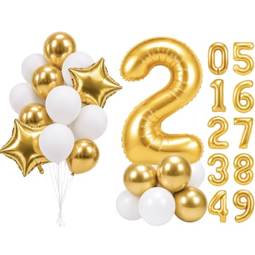 Image of PartyWoo Metallic Gold Number 2 Balloon 40 Inch 25pcs Gold Foil Star White
