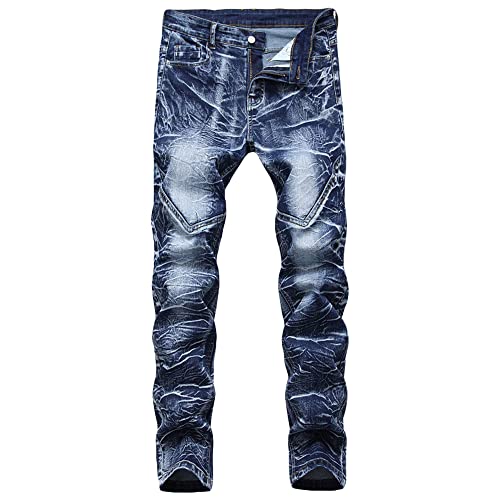 Men Stretch Straight Leg Biker Jeans Distressed Slim Fit Stretch Denim Pants Classic Vintage Washed Moto Jean