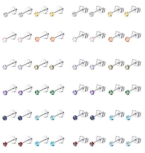 Diamday 24Paires Boucles d'Oreilles CZ en Acier Inoxydable pour Femmes Ensemble de Boucles d'Oreilles à Visser avec Zircon Cubique, 3-5MM Cover