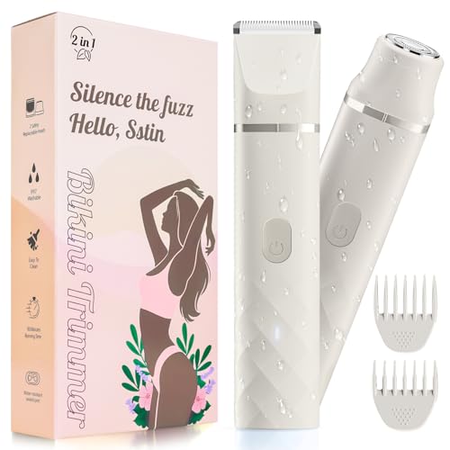 Bikini Trimmer for Women, IPX7 Waterproof, Painless Rechargeable Electric Razor Remover, 2-in-1 Facial & Pubic Hair Removal for Sensitive Skin, Portable Travel Size, Women’s Gift, White