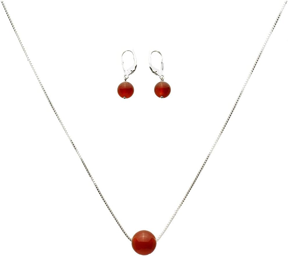 Floating Round 10mm Carnelian Stone Station Sterling Silver Box Chain Necklace Adjustable, Earrings