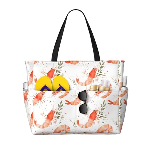 Large Beach Bags for Women Sandproof - Cute Shrimp Realistic Print Summer Work Travel Tote Bags with Zipper