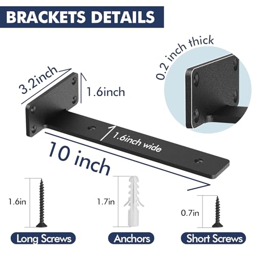Floating Shelf Bracket, 6 Pcs of 10 inch Heavy Duty Industrial Shelf Bracket, Black Metal L Brackets for Shelves Support DIY(0.2 Inch Thicked)