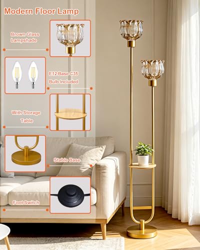 Image of Lightdot 2-Lights Modern Glass Floor Lamp with Table Gold Standing Tall Lamps with Amber Glass Shade, Flower Floor Lamp with Foot Switch for Living Room Bedroom Home Decor (Bulbs Included)