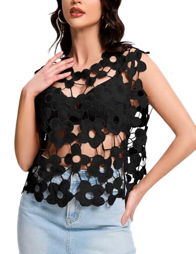 Flygo Hollow Out Floral Lace Crop Top for Women 2025 Trendy Oversized Sleeveless Crochet Vest Coverup Y2K Going Out Tops3