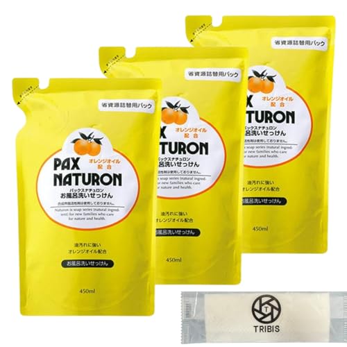 PAX NATURON(パックスナチュロン) お風呂洗いせっけん (詰め替え用/オレンジの香り / 450ml) 天然由来100% 無添加 お風呂洗剤 (しっかり汚れを落とす/泡スプレー用) 太陽油脂 3個セット TRIBISオリジナルおしぼり付き