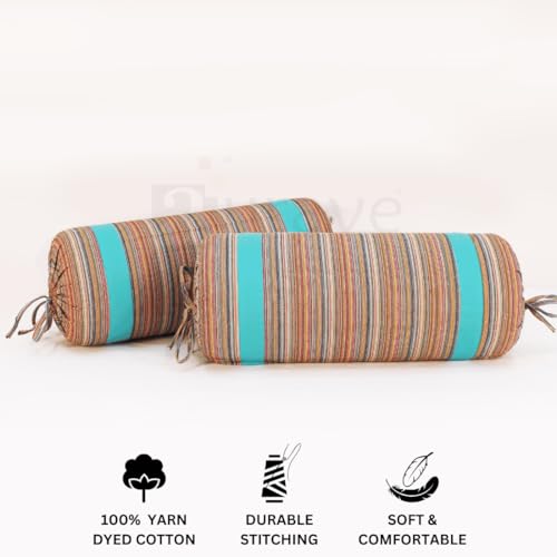 Image of AURAVE Woven Cotton 144 TC Printed Bolster Cover with Drawstring Closure, Set of 2, Soft Breathable Durable Machine Washable for Sofa Bed & Home Decor, 15 inchx30 inch, Aqua | Cover Only