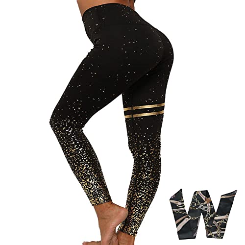 Womens Fashion Metalic Leggings Glitter Yoga Pants Sparkly Sports Running Tights, Yoga, Workout, Running, Daily Leisure (Black Gold, XL)