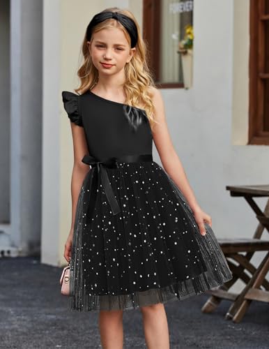 Arshiner Girls Dresses Summer One Shoulder Ruffle Sleeveless Formal Fancy Party Birthday Tulle Dress with Belted2
