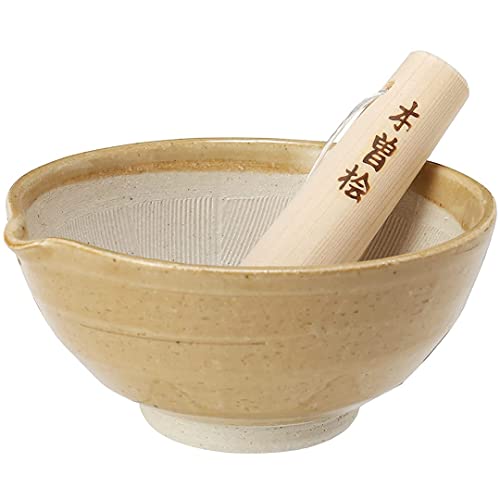 TIKUSAN Mörser und Stößel aus Keramik, geriffelt, mit Auslauf, hergestellt in Japan, Mino Ware (mittel, braun) Cover