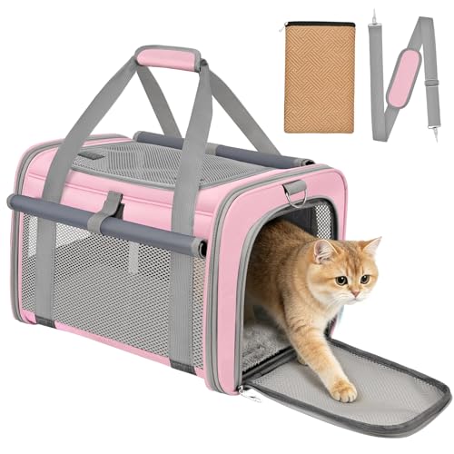 BTNEEU Trasportino Gatto Approvato Aereo Trasportino per Cani Pieghevole Borsa da Viaggio per Animali Domestici Portabile Borsa per Gatti con Tessuto Antigraffio e Cuscino Lavabile (Rosa)