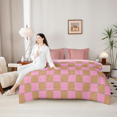 Image of Erosebridal Gaming Plaid King Bed in A Bag 7 Piece Geometric Checkered Comforter Set with Sheets Pink Brown Bedding Sets for Kids Adults,Cute Checkerboard Bed Set