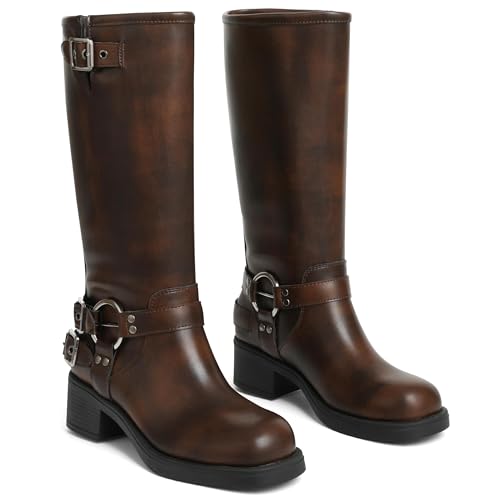 AMINUGAL Knee High Boots Women Square Toe Pull On Wide Calf Riding Fashion Buckles Chunky Metallic Casual Vintage Buckle Rivet4