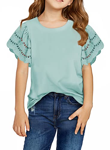 Blibean Girl Short Sleeve Shirts Tween Kid Solid Tops Summer Ruffle Blouse Fashion Clothing Flowy Solid Clothes Size 12-13 Years Xx-Large Green #TOP11