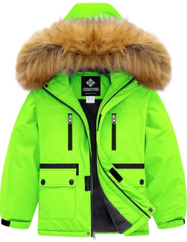 GEMYSE Jungen Skijacke Warm Jungen Winterjacke Wasserdicht Atmungsaktiv mit Pelzkragen Winddicht Outdoorjacke für Kinder(Fluoreszierendes Grün,160-168)