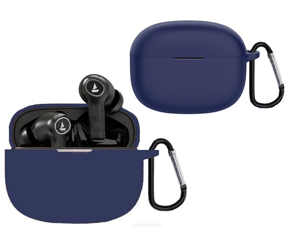 Image of AJM 360 Protection Shockproof Design Soft Rubberised Case with Keychain for Boat Airdopes Nirvana Ion ANC (Navy Blue)