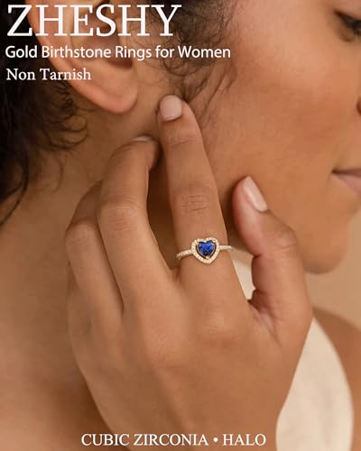 Gold Birthstone Rings for Women Non Tarnish 14K Gold Plated Promise Rings Heart Halo Gemstone Cubic Zirconia Wedding Engagement Rings for Anniversary Jewelry Birthday Gift Size 6-102