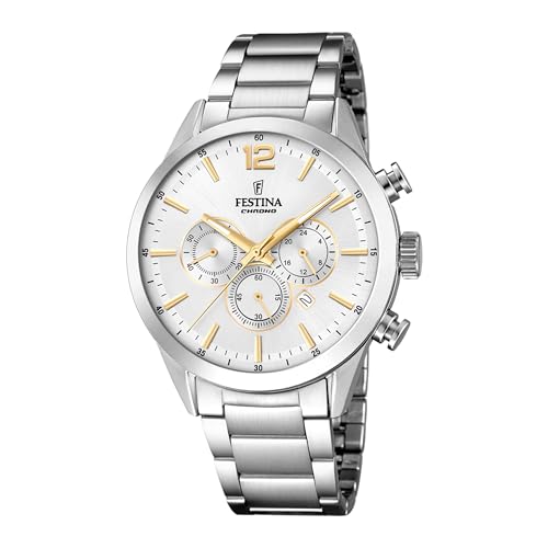 Festina Montre Homme Analogique en Acier Inoxydable 316L - Mouvement Quartz - Chronographe - Calendrier - Verre Minéral Résistant - Étanche 5 ATM - Style...