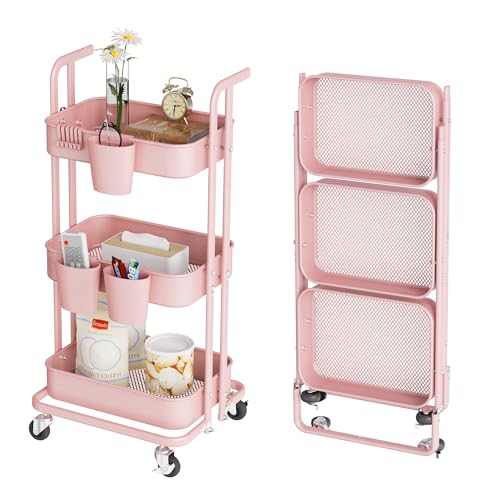 Image of DTK 3 Tier Foldable Rolling Cart, Metal Utility Cart with Lockable Wheels, Folding Storage Trolley for Living Room, Kitchen, Bathroom, Bedroom and Office, Pink