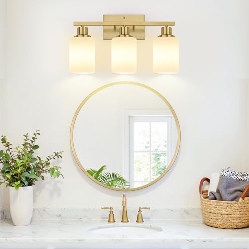 Image of MOKATNG 3-Light Bathroom Light Fixtures, Brushed Gold Vanity Light with Milky White Shades, Bathroom Lighting Fixtures Over Mirror, Modern Bathroom Wall Lamp for Mirror Living Room Cabinet Bedroom