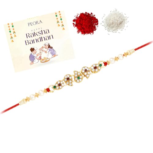 Image of Peora Rakhshabandhan Thread Rakhi for Brother Bhaiya | Kundan Crystals & Pearl Studded | Rakhi Hamper Roli Chawal & Greeting Card