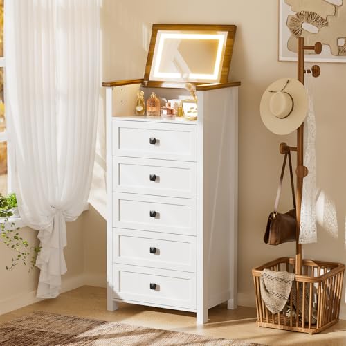 Dresser with Mirror for Kids Bedroom, 47"- 63" Tall Dresser with 5 Drawer, LED Makeup Mirror, Chest of Drawers, Farmhouse Makeup Vanity with Storage, White & Brown