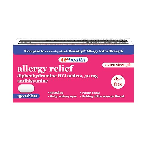 A+Health Allergy Relief Diphenhydramine HCl 50mg Extra Strength Antihistamine Tablets 150 Count Dye-Free for Runny Nose Sneezing Watery Eyes