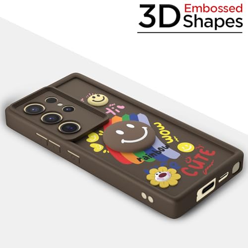 Image of Pikkme Back Cover for Samsung Galaxy S24 Ultra 5G | Soft Silicone| Cute Rainbow Smile & 3D Cartoon Flower Design | Shockproof Raised Camera Protection Bumper Case (Brown)