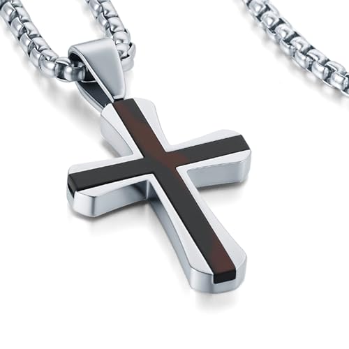 Cross Necklace for Men, Mahogany Ebony Titanium Steel Cross Pendant Necklace For Men, Box Chain 16-24 Inch