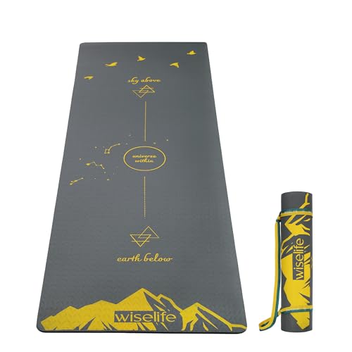 Image of Wiselife Tpe Printed 6MM Yoga Mat + Yoga Strap For Men, Women, Kids|Anti-Slip Extra Thick, Long & Wide Exercise Sports Mat For Workout, Fitness, Yoga, Gym, Home & Pilates (Elements-Nature), Grey