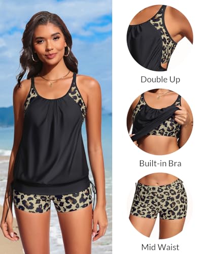 Holipick Black Leopard Blouson Tankini Swimsuits for Women - Two Piece Tummy Control Bathing Suit with Shorts Modest Swimwear L