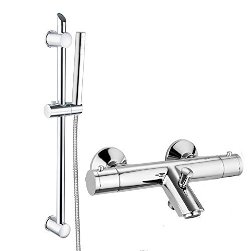 Modern thermostatic bath shower mixer tap wall mount with slider rail kit - chrome