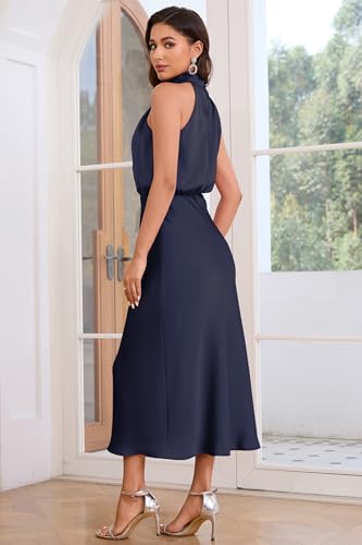 Image of Women's Satin Maxi Dress Summer Formal Wedding Guest Cocktail Dress | Mock Neck Sleeveless,Elegant Silk Midi Long Dress,High Neck,Halter,Aline,Bridesmaid,Bridal Shower Guest,Garden Party,Dinner