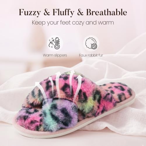 Image of Ankis Women's Fuzzy Slippers Cross Band Memory Foam Open Toe Comfy Soft House Shoes Anti-Slip Indoor Outdoor Gifts for Women