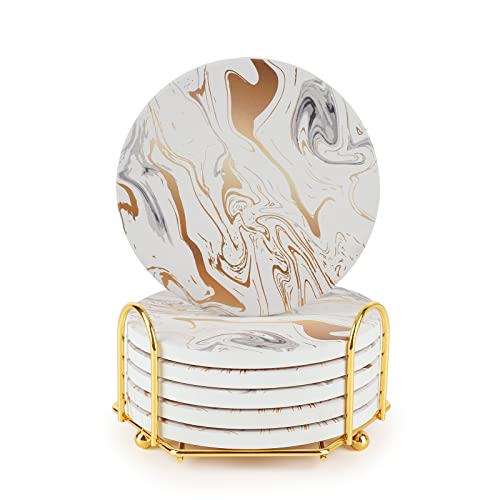 Gold Marble Coasters with Non-Slip Cork Base and Holder - Absorbent Drink Set for Cups Tables, Home Decor