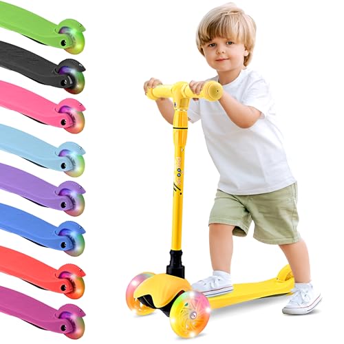 Hurtle Mini Kickboard Scooter for Kids - Height Adjustable 25''-28'', Lightweight 3-Wheel with LED Light-up Wheels, Anti-Slip,Indoor/Outdoor Fun, Micro Scooters for Ages 2-5 (Yellow)