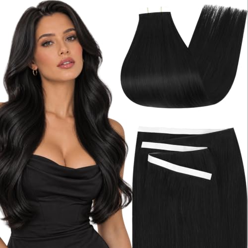 Moresoo Weft Tape Hair Extensions Human Hair Natural Black 20 inch 75g 2pcs