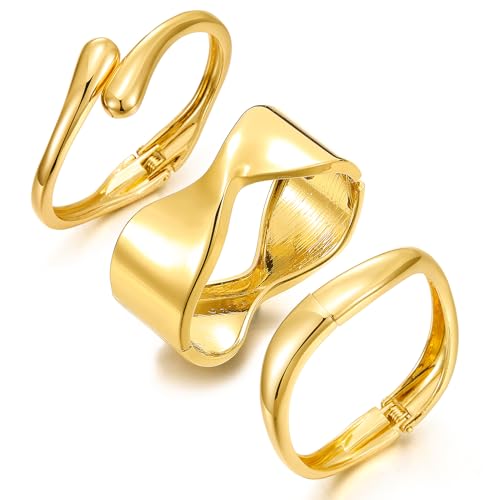 KISS WIFE 3 Pcs Chunky 14k Gold Plated Bangle Bracelets for Women, Dainty Stackable Cuff Set with Open Spring Buckle, Trendy Layered Design, Ideal for Thin Wrists, Fashion Jewelry Gift
