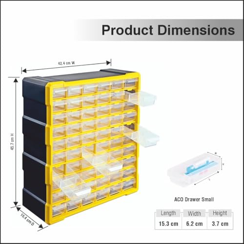 Image of Alkon ACO60 60-Drawer Plastic Component Organiser | Multipurpose Small Parts Storage Box for Jewellery, Electronics, Hardware, Pharmacy & DIY | Wall Mountable & Removable Dividers (Black & Yellow)